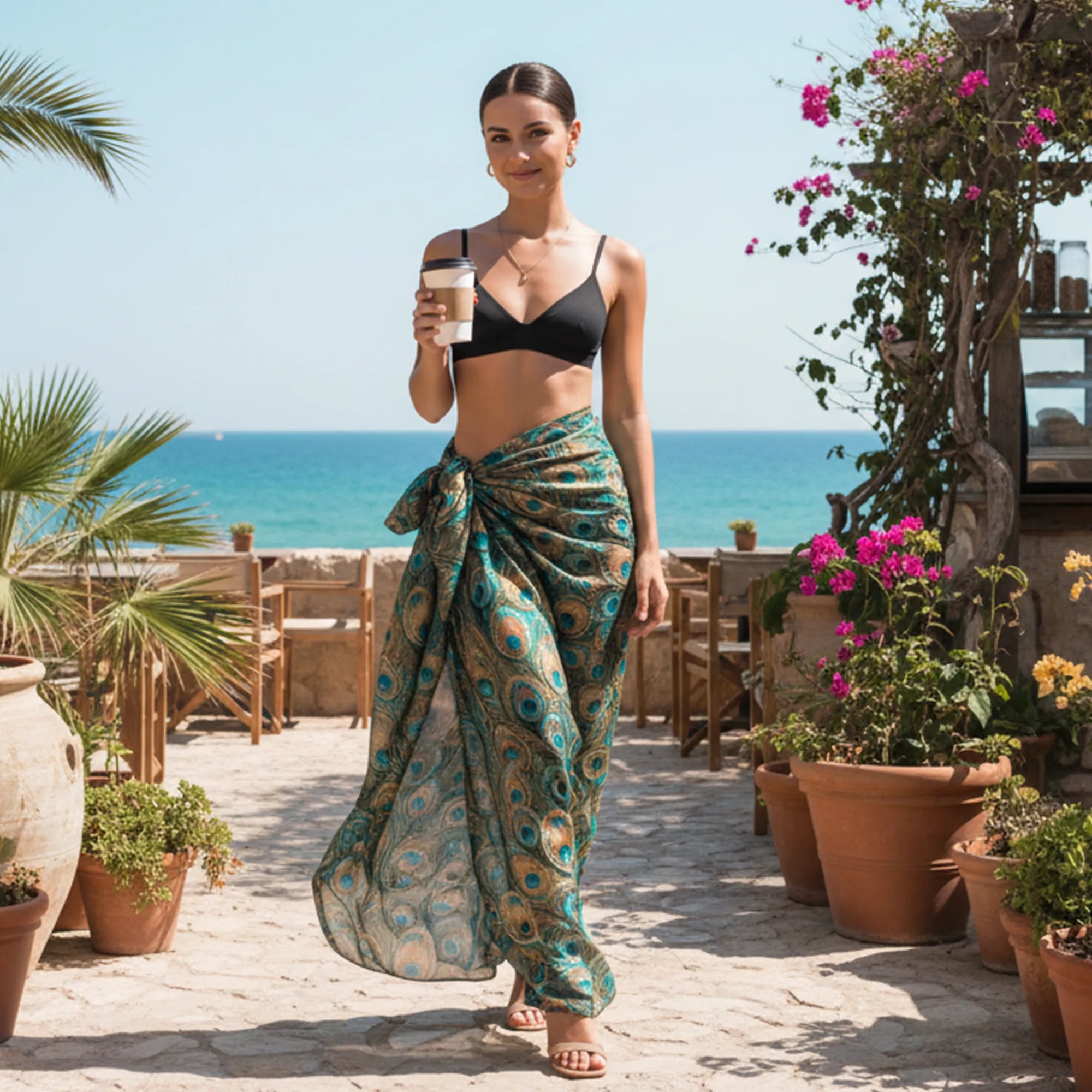 Woman in a black bikini top and leopard print sarong standing by a pool with ocean view.