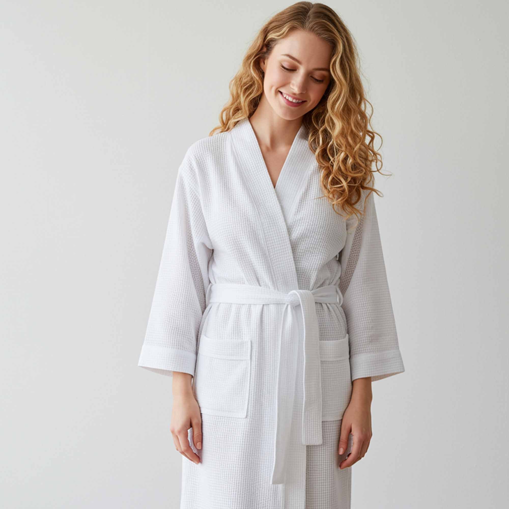 white waffle spa robe for home, spa, or hotel use.