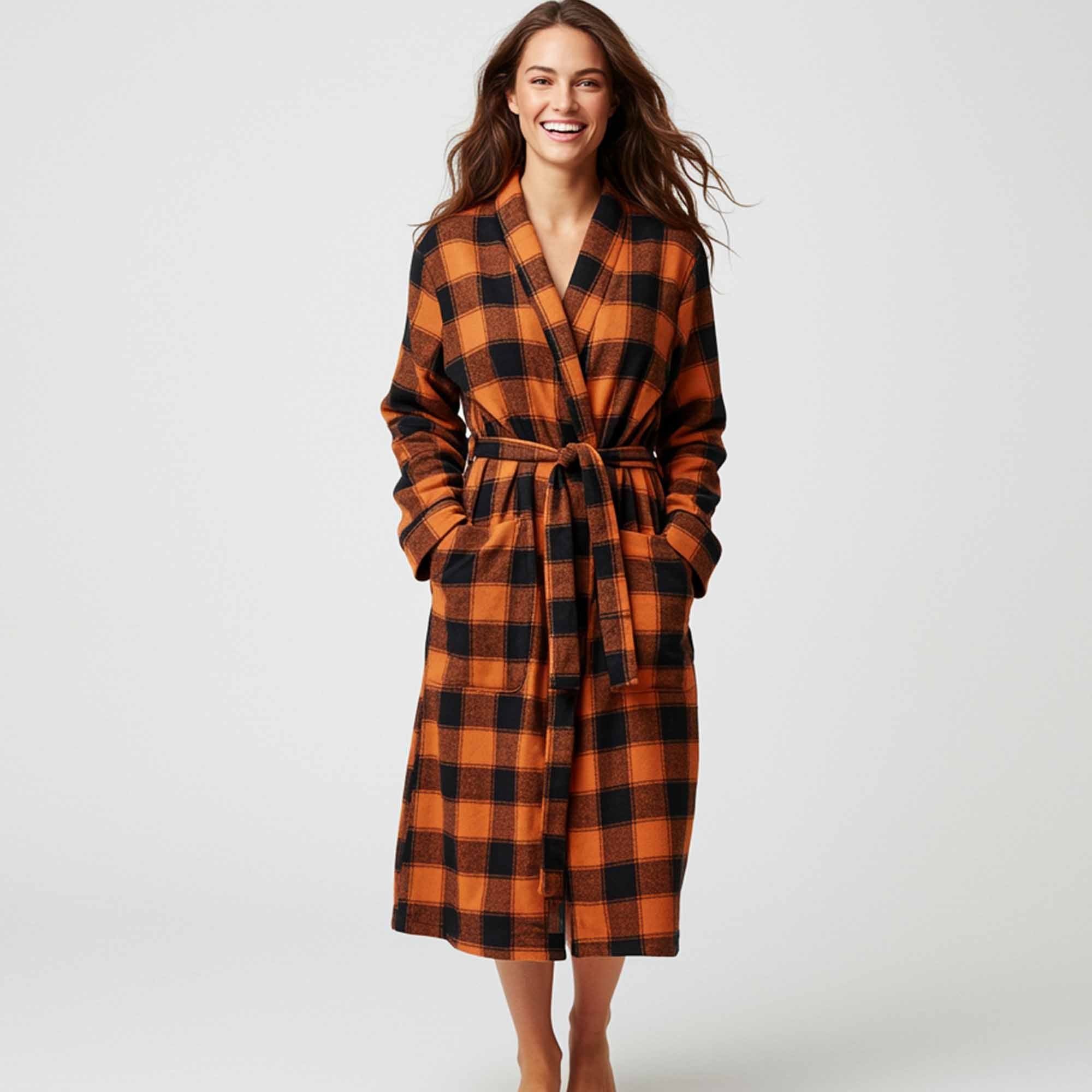 Red and black buffalo plaid women’s fleece robe with tie belt