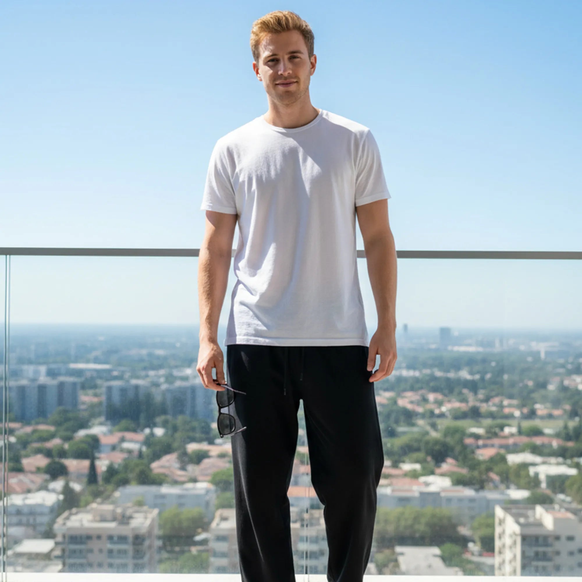 Man in a white t-shirt and black pants standing on a balcony with a cityscape in the background