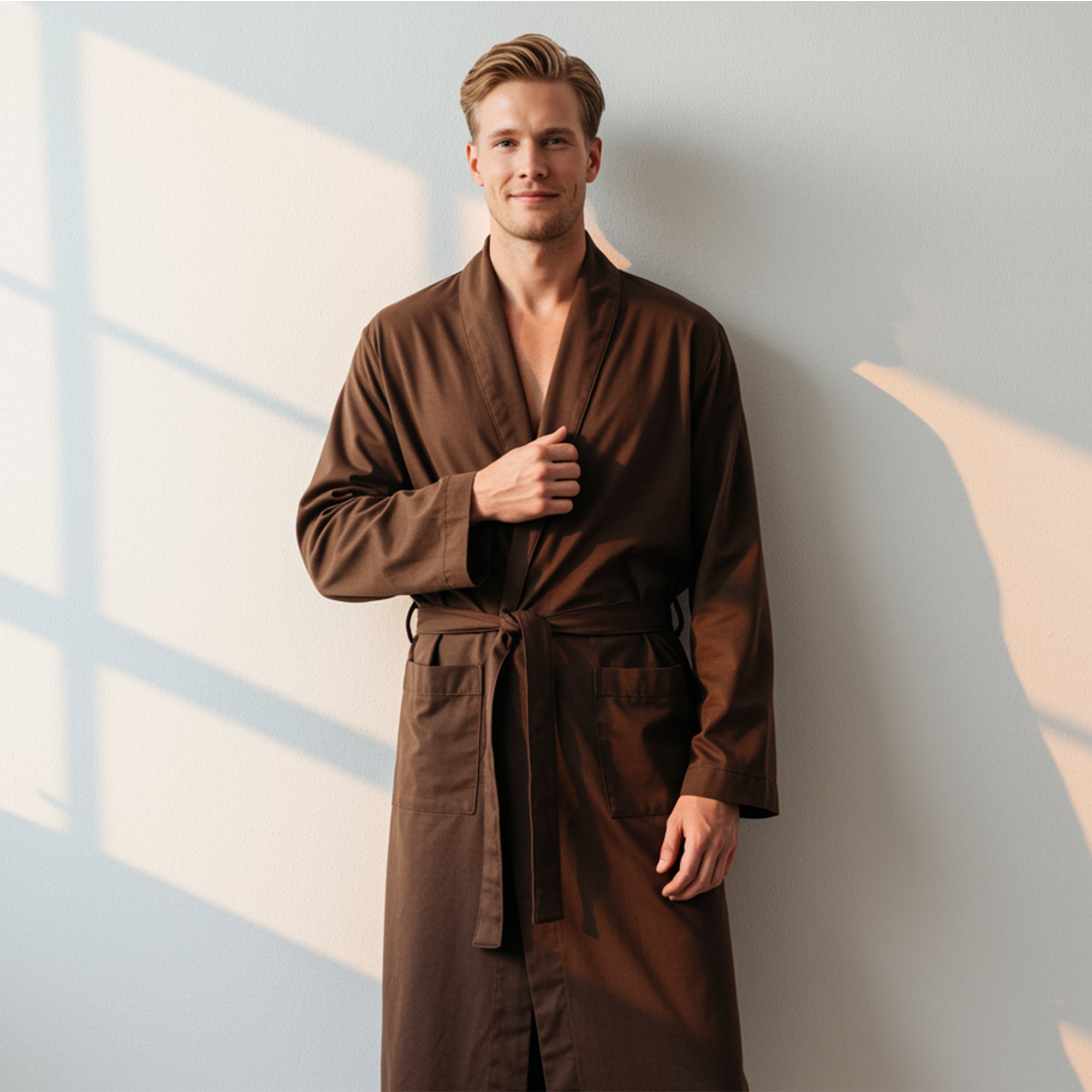 Man wearing a brown cotton bathrobe