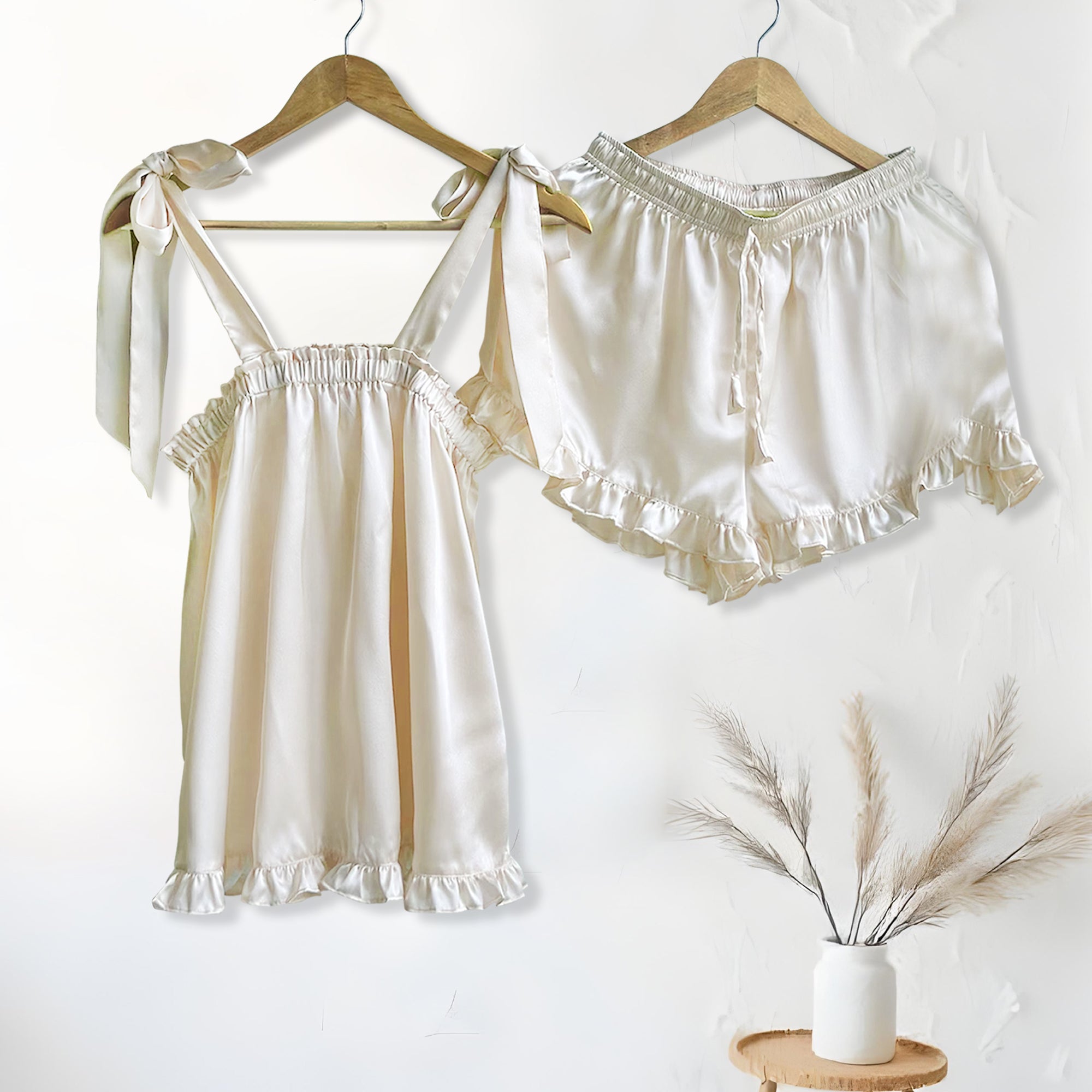 Silk Pajama Set with Ruffle Shoulders