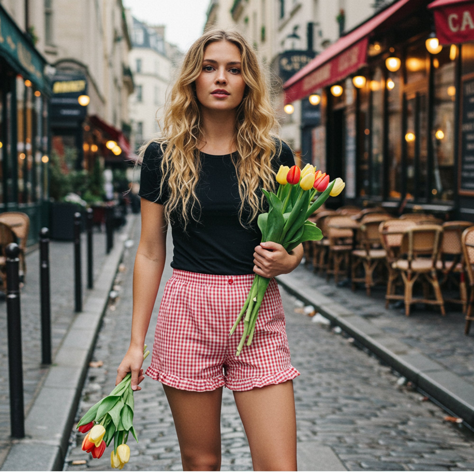 Woman standing on a cobblestone street wearing red gingham ruffle hem shorts and a black t-shirt
