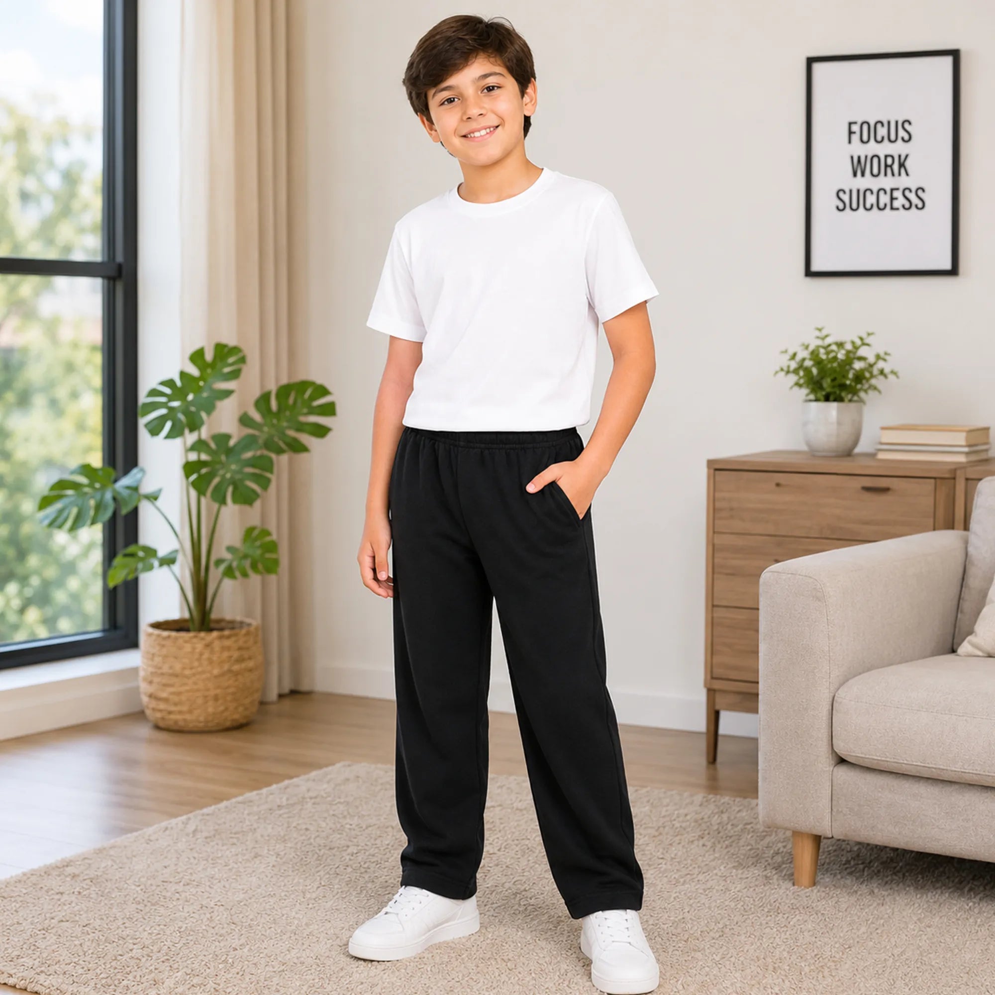 Young boy standing in a living room with plants and furniture