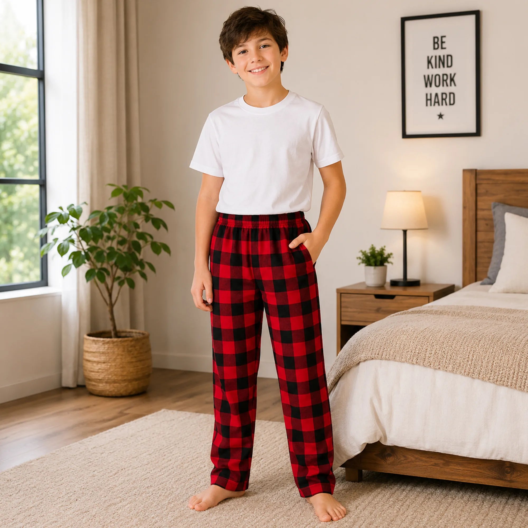 Child wearing red plaid pajama pants and a white shirt in a bedroom.