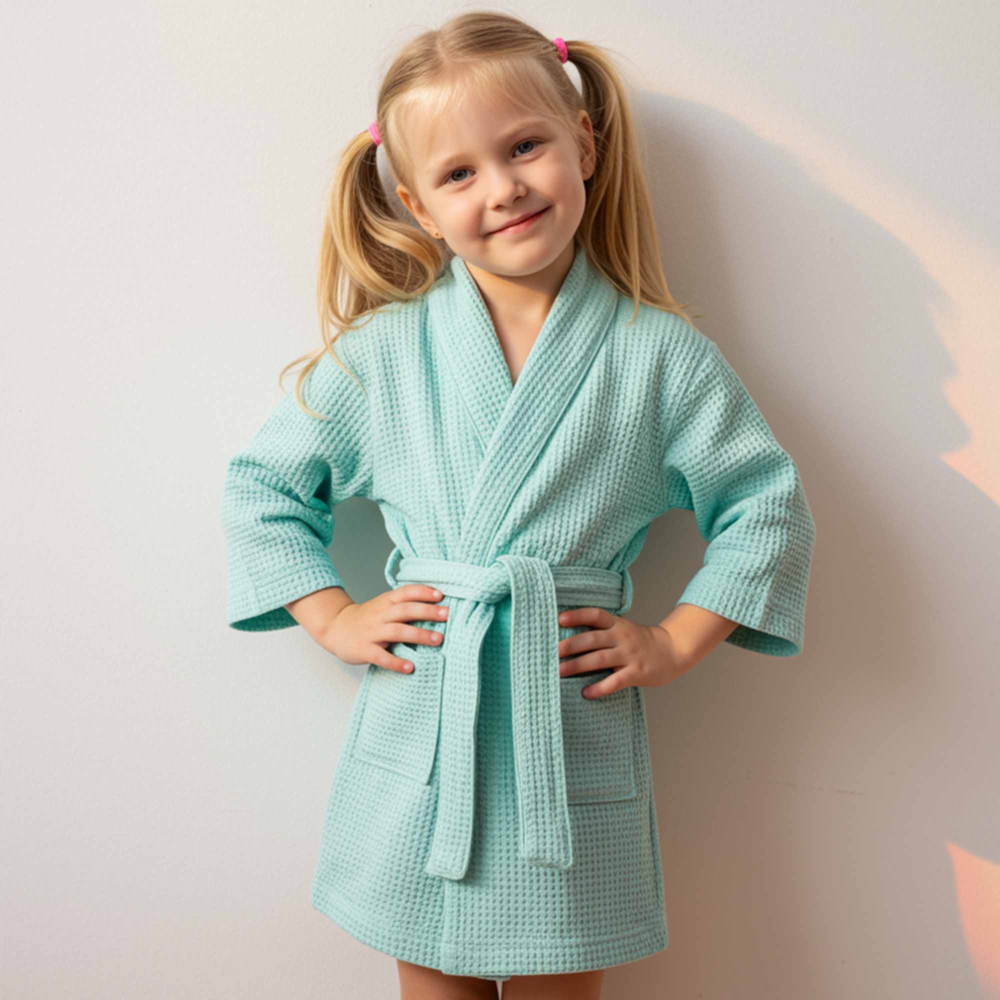 girl in a mint green waffle-knit robe