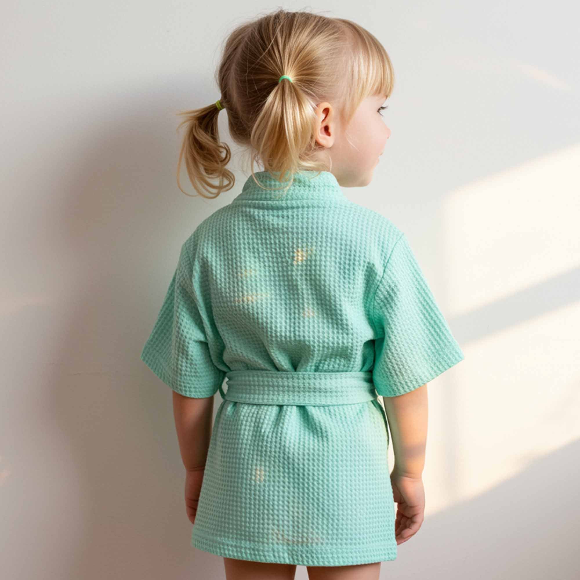 Back view of a little girl wearing a mint green waffle robe.