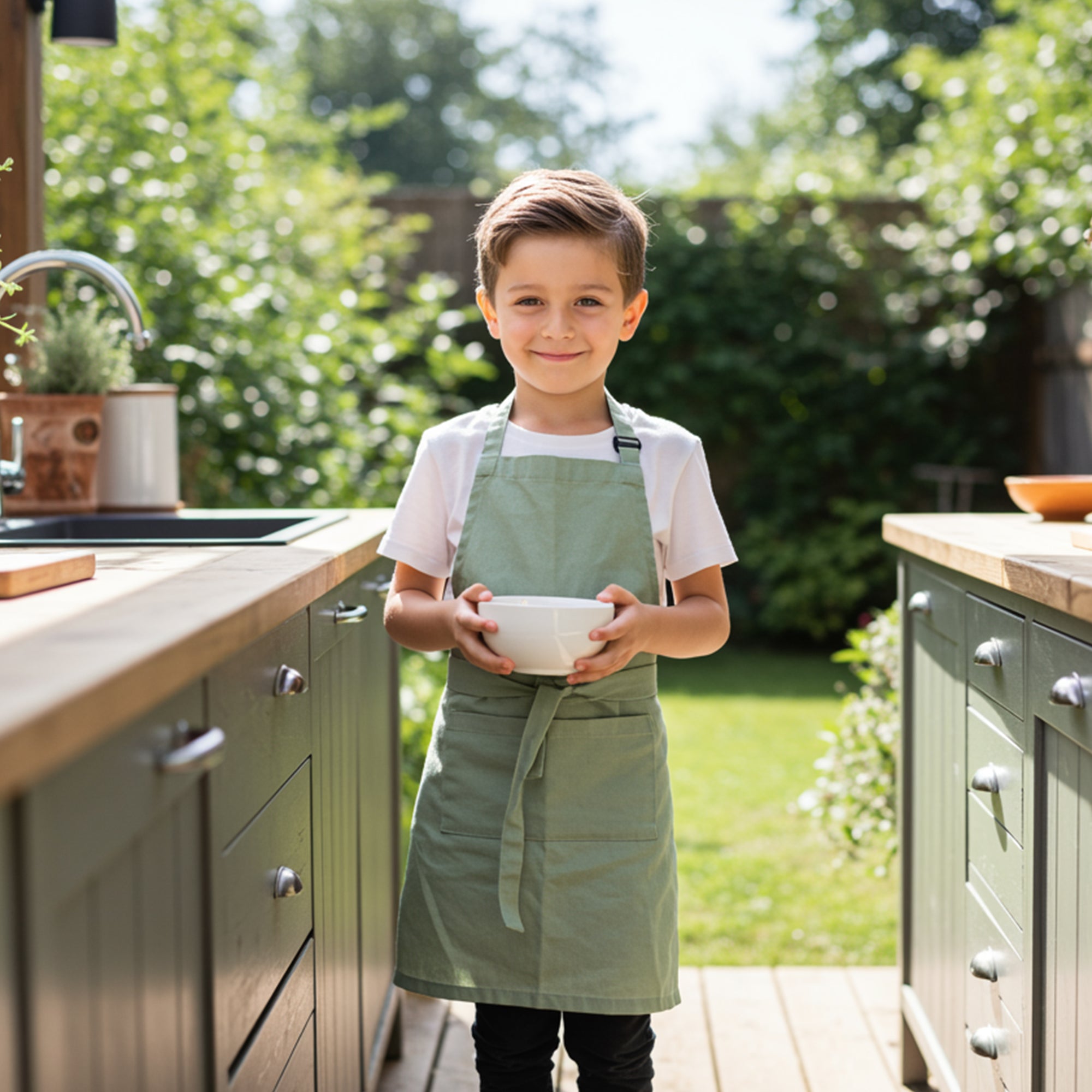 child wearing cotton apron while cooking in bright kitchen