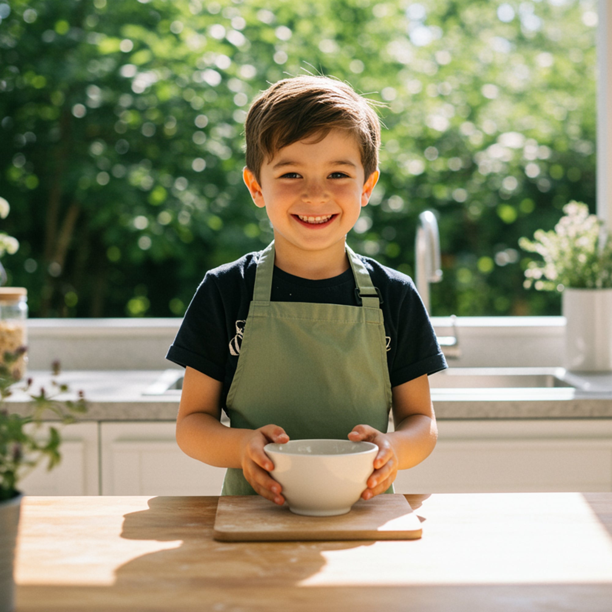 young child in cotton apron holding bowl in outdoor kitchen