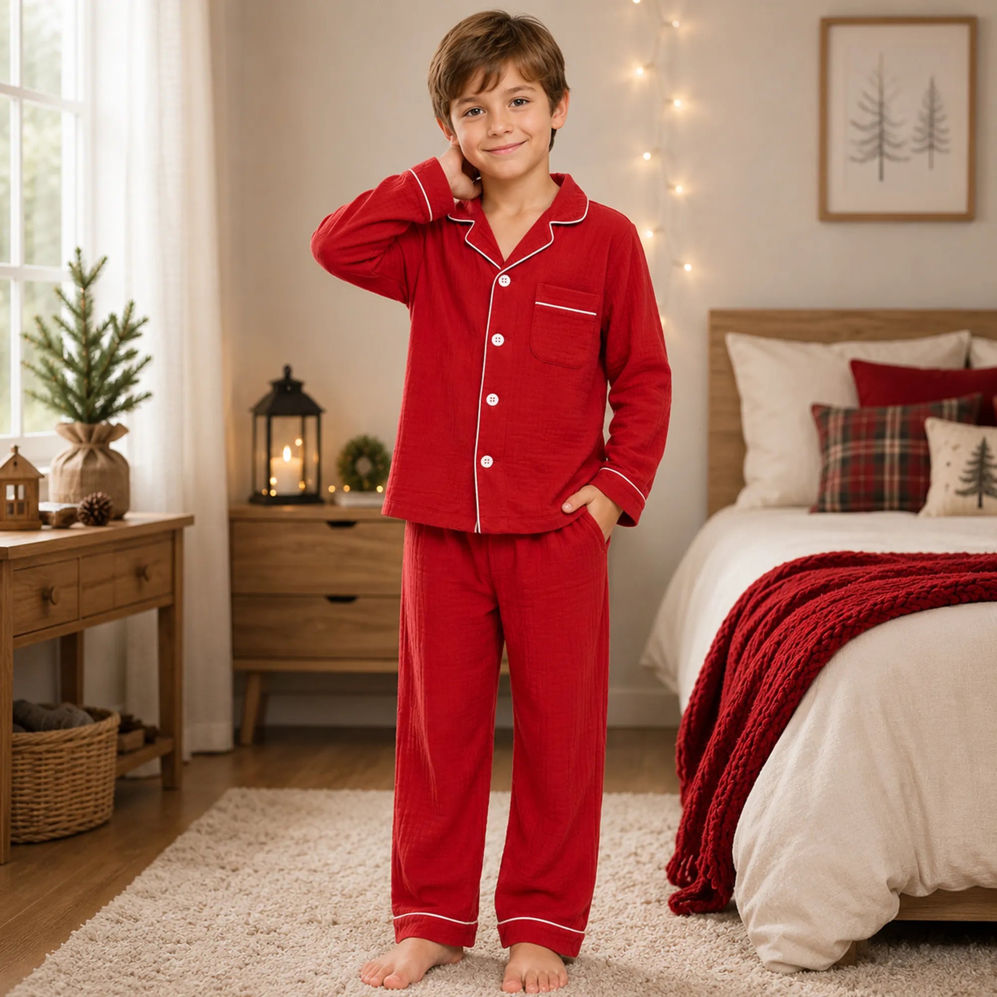 Child wearing red pajamas in a cozy bedroom with Christmas decorations.