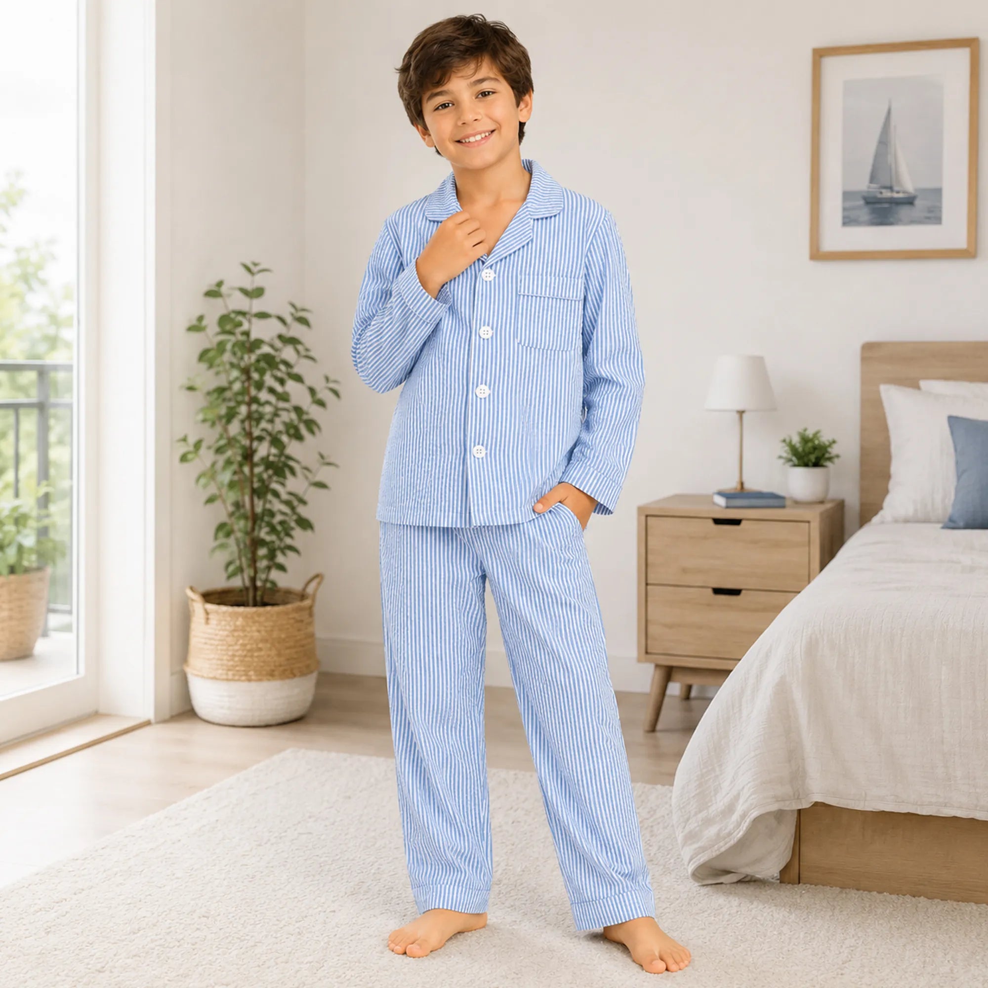 Child wearing blue pajamas in a bedroom