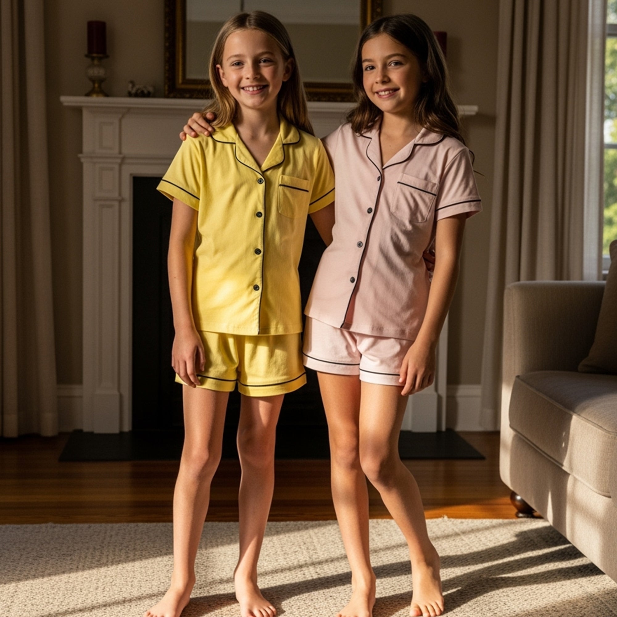 Two children in matching pajama sets standing in a cozy living room.