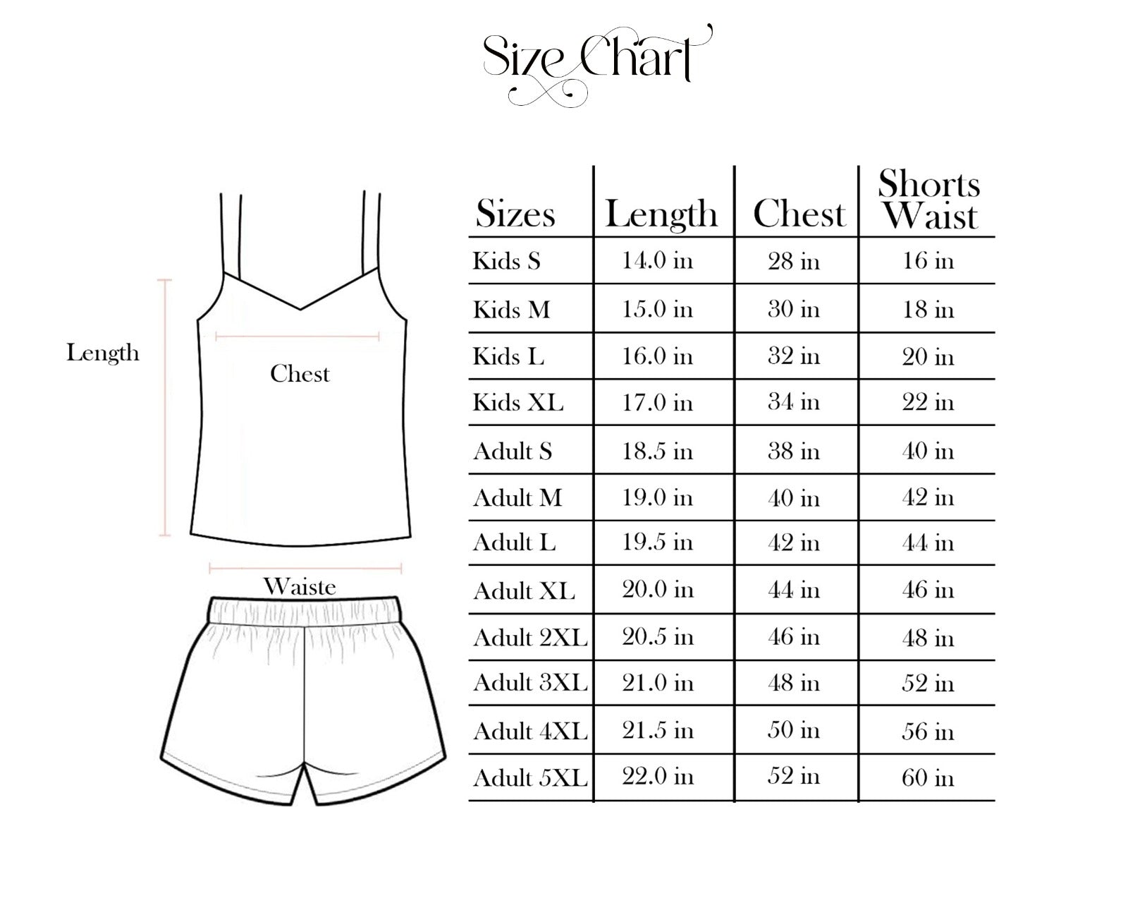 Size chart for children's and adults' clothing with measurements in inches.