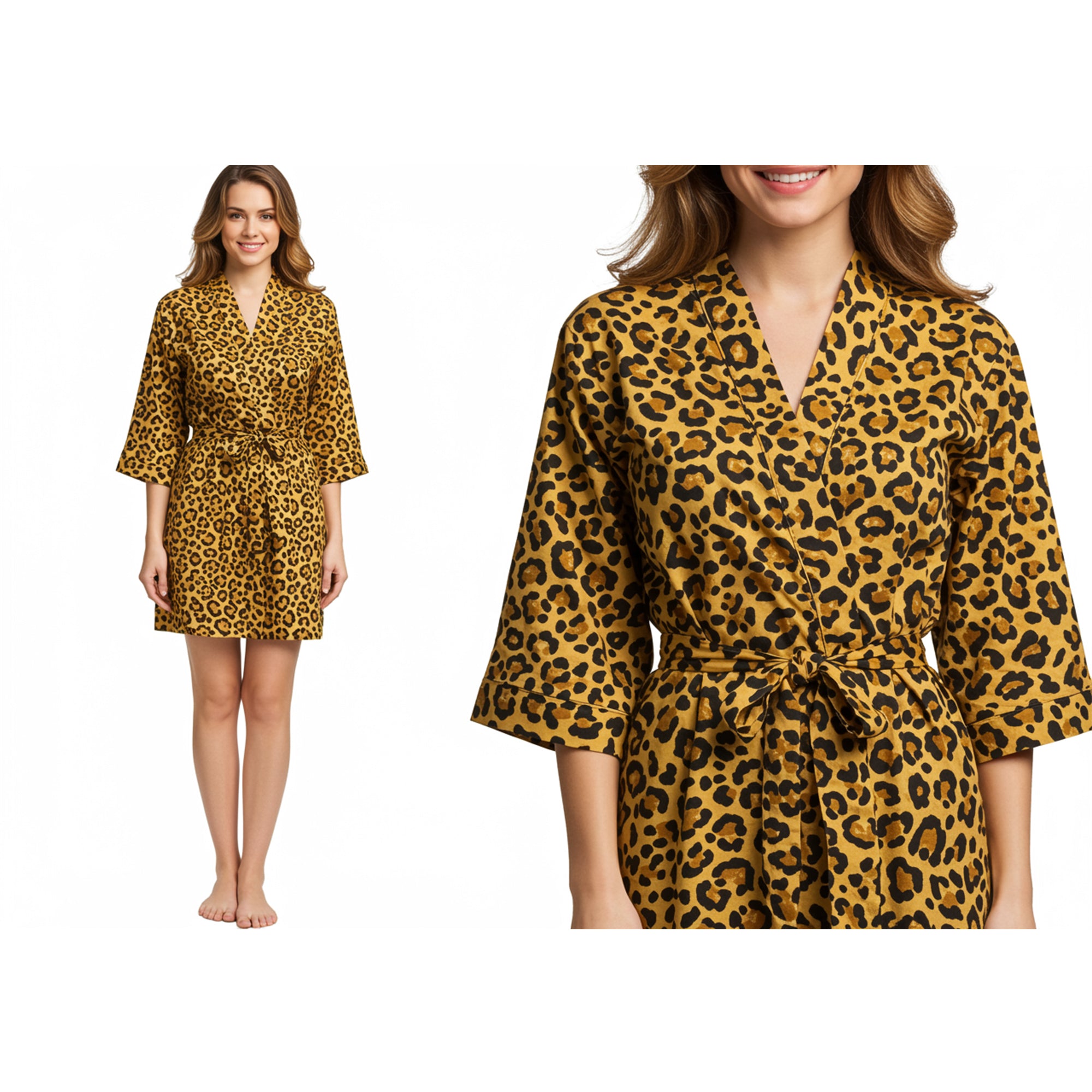 Woman wearing a leopard print robe on a white background