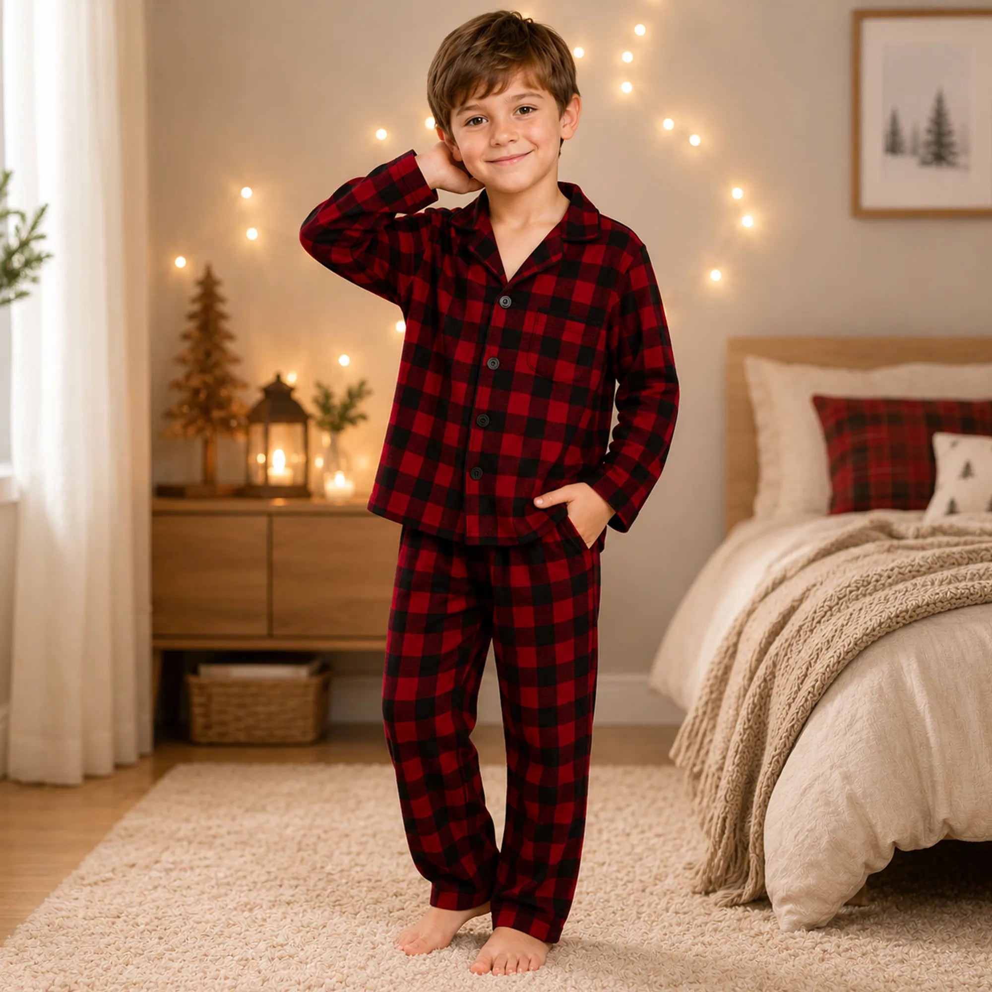 Child wearing red and black plaid pajamas in a cozy bedroom with string lights.