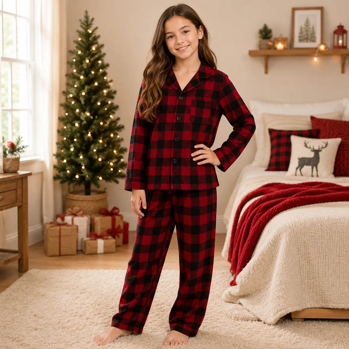 Young girl wearing red and black plaid pajamas in a cozy bedroom with a Christmas tree.