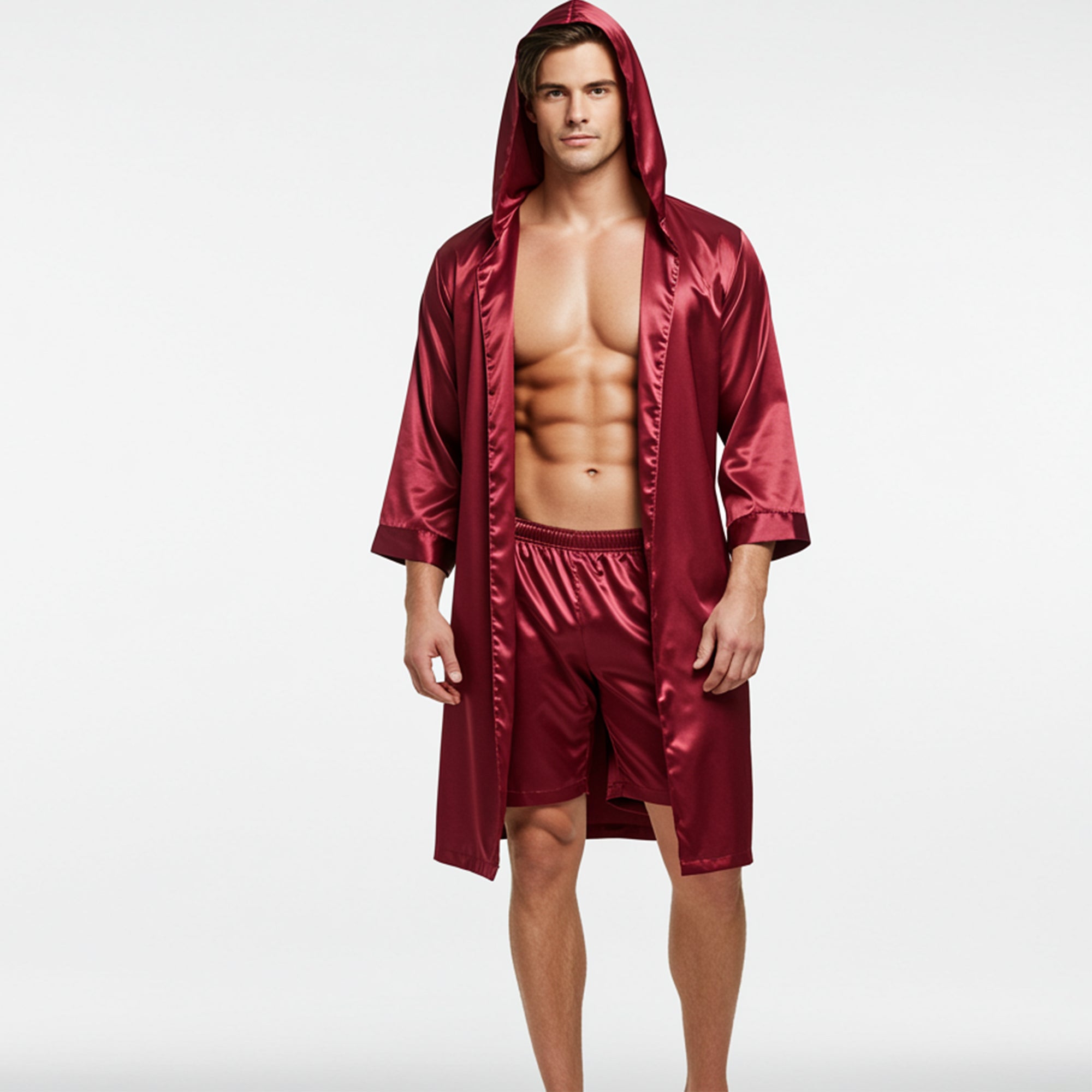 Soft satin men’s maroon dressing with hood