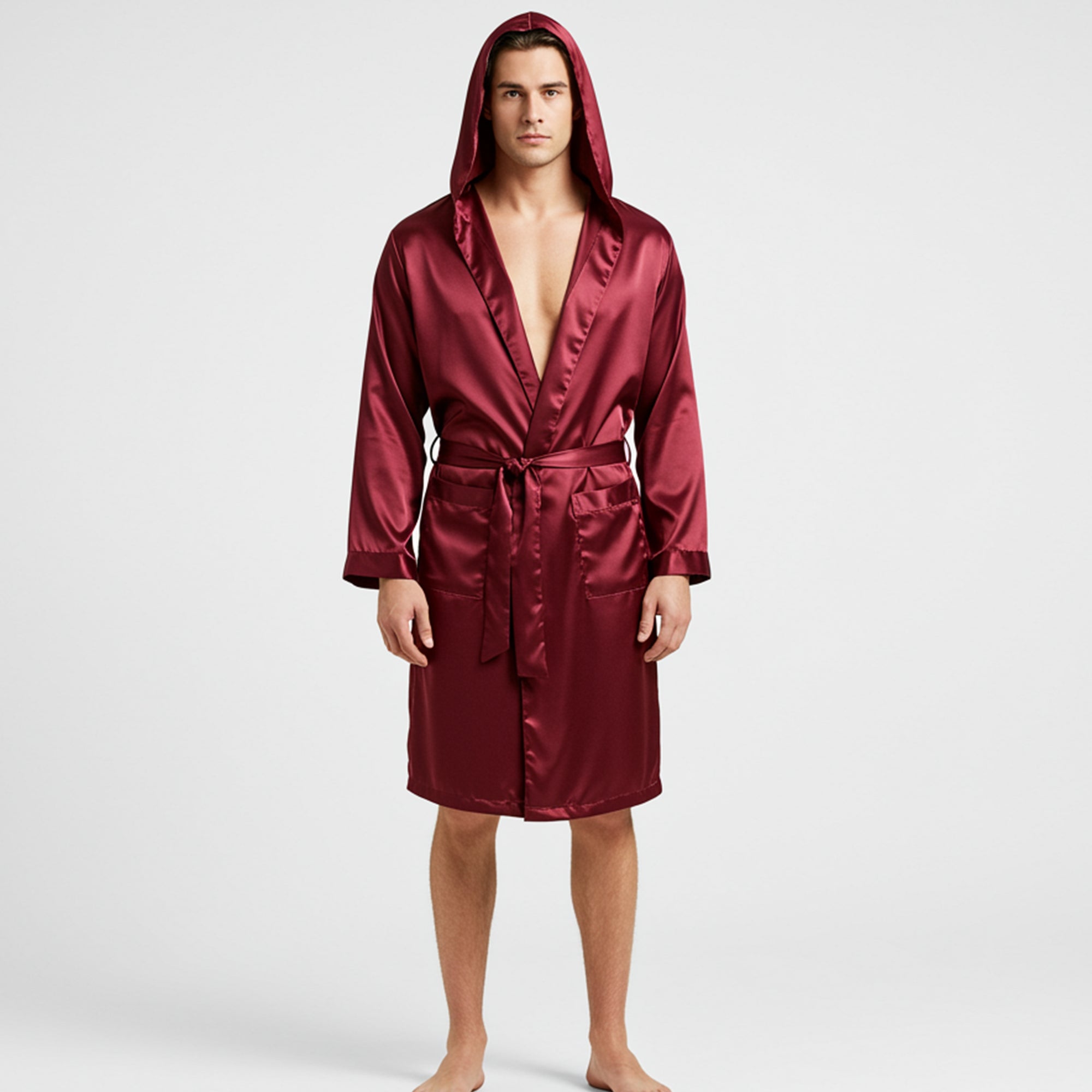 Men’s maroon satin hooded bathrobe