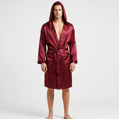 Men’s maroon satin hooded bathrobe