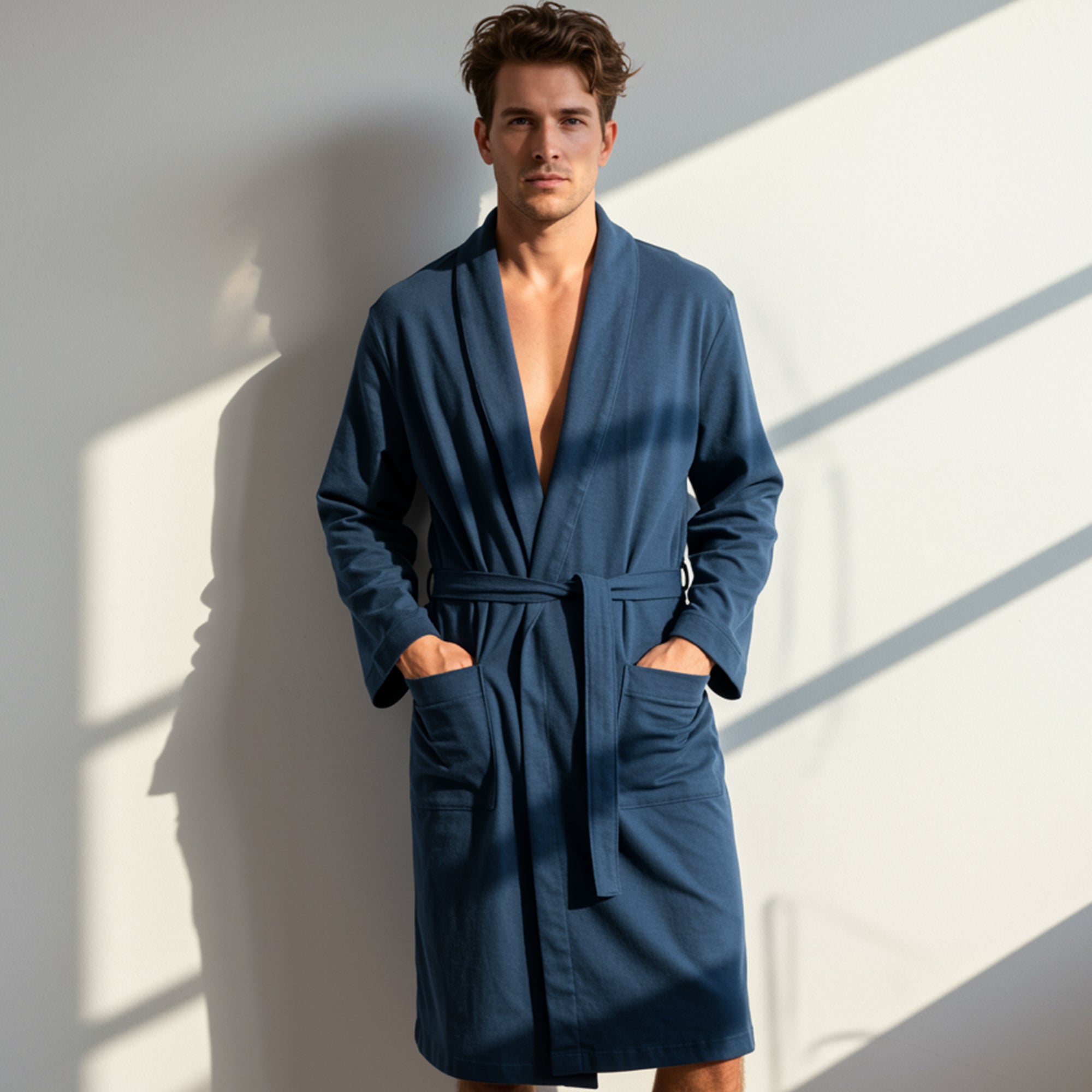 Man wearing a navy blue cotton bathrobe