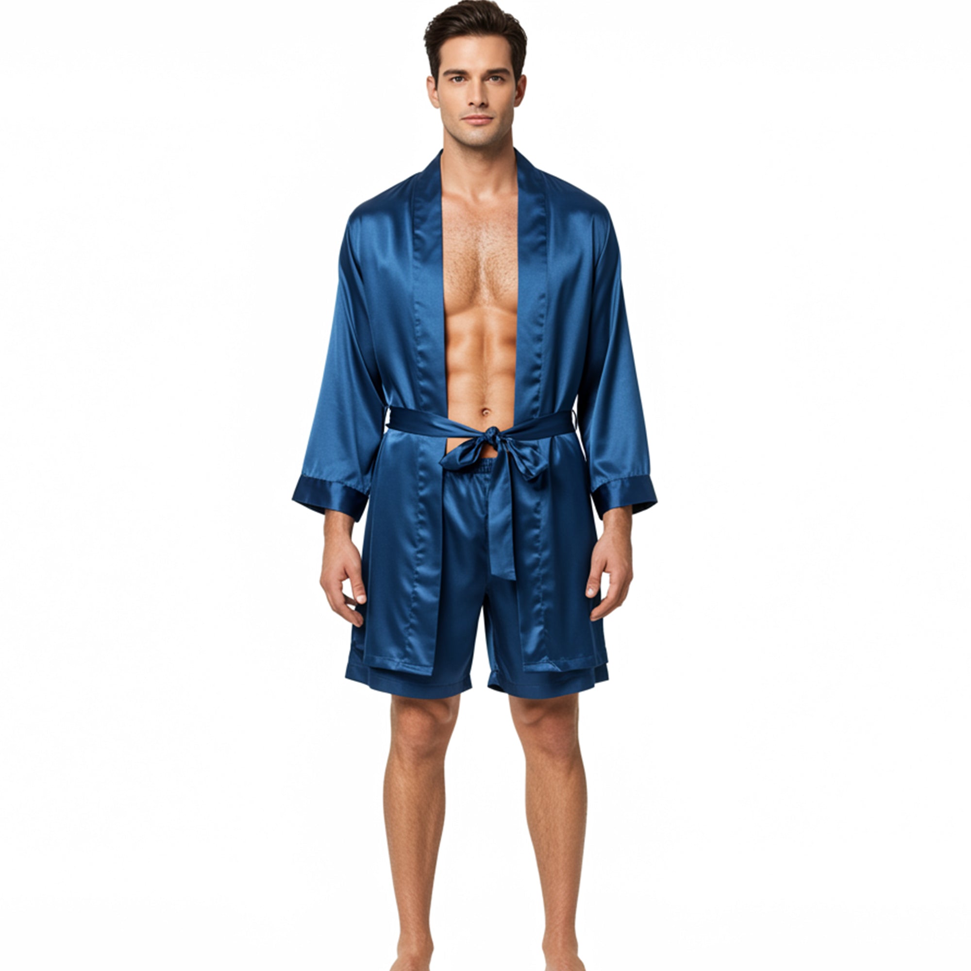 Man wearing a blue satin robe on a white background