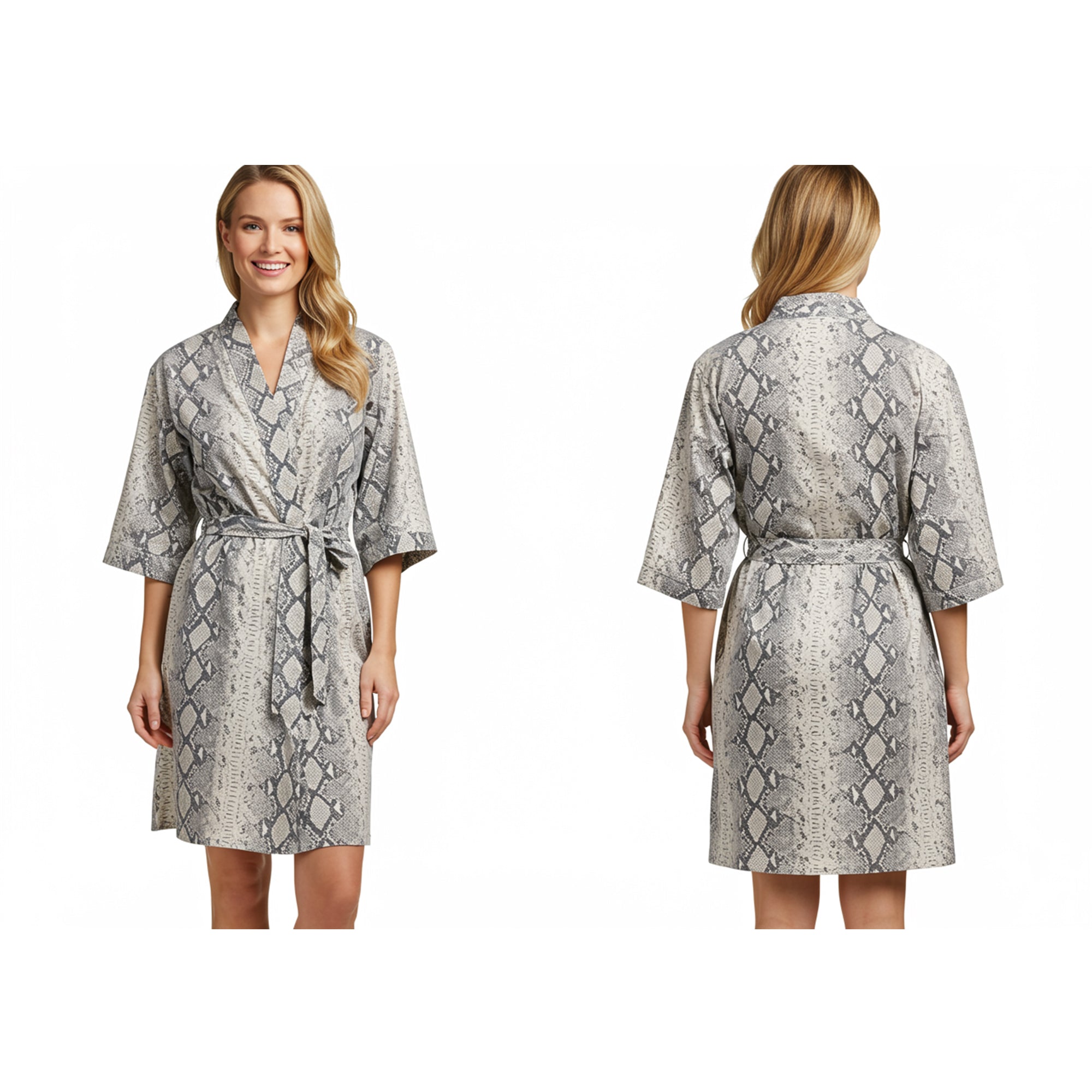 Woman wearing a patterned robe, shown from front and back, on a white background