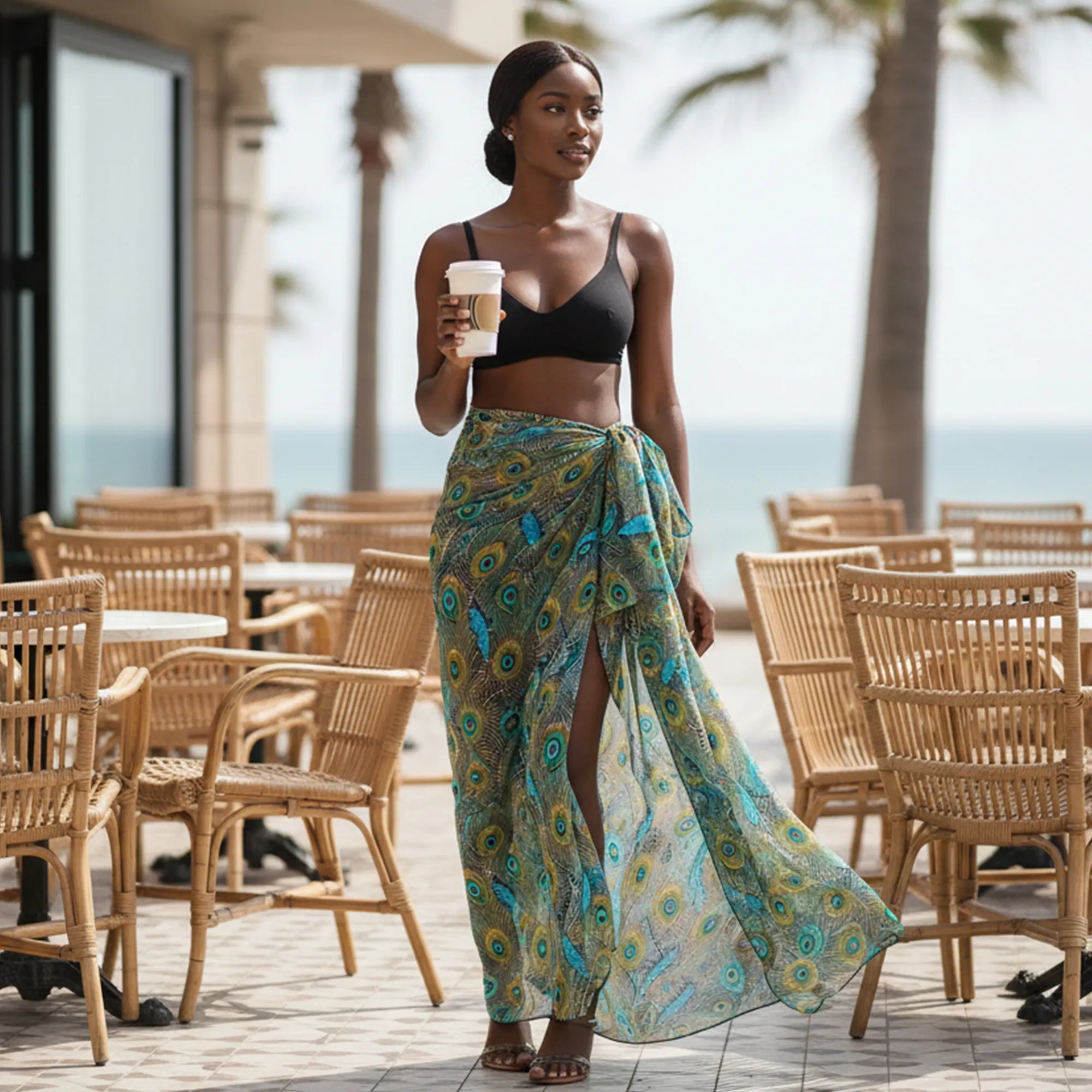 Woman in a colorful sarong holding a coffee cup in an outdoor cafe setting.