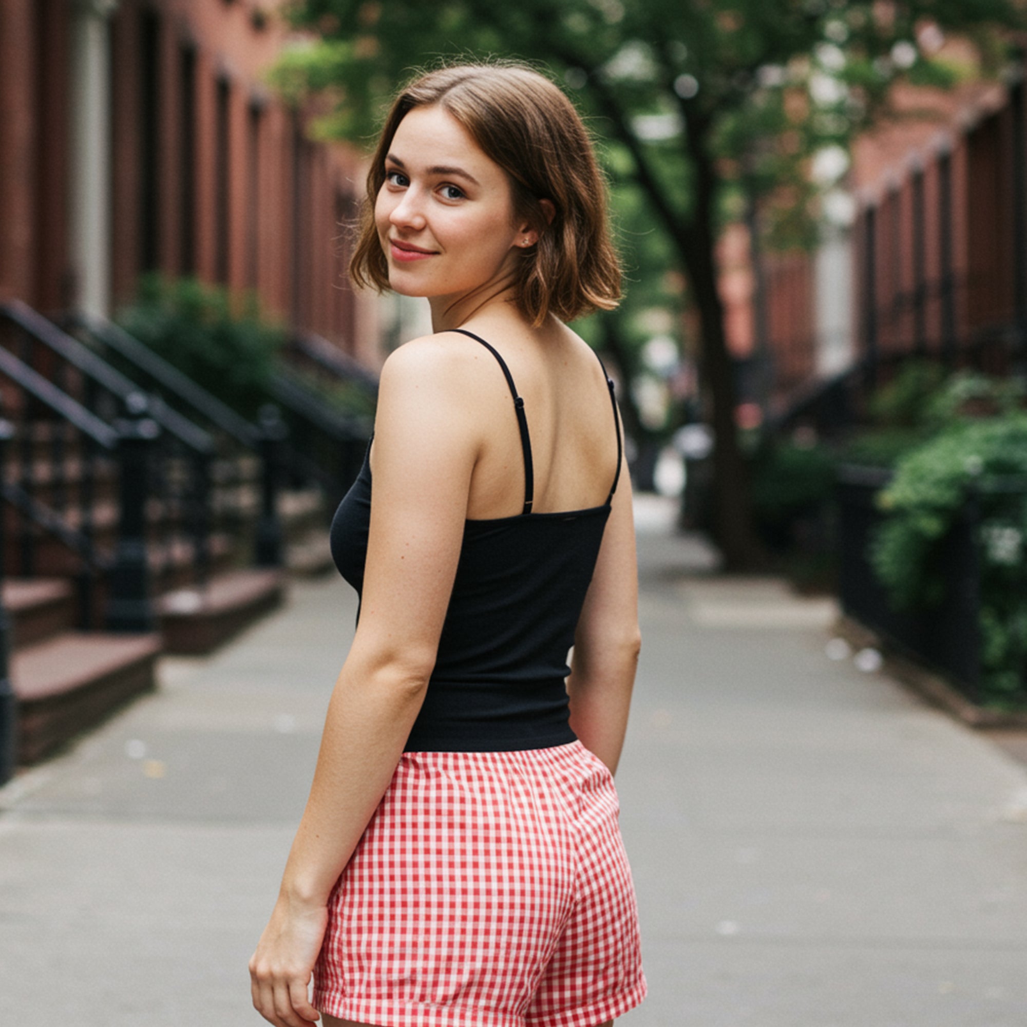Woman in black top and red checkered shorts standing on a sidewalk with trees and buildings in the background