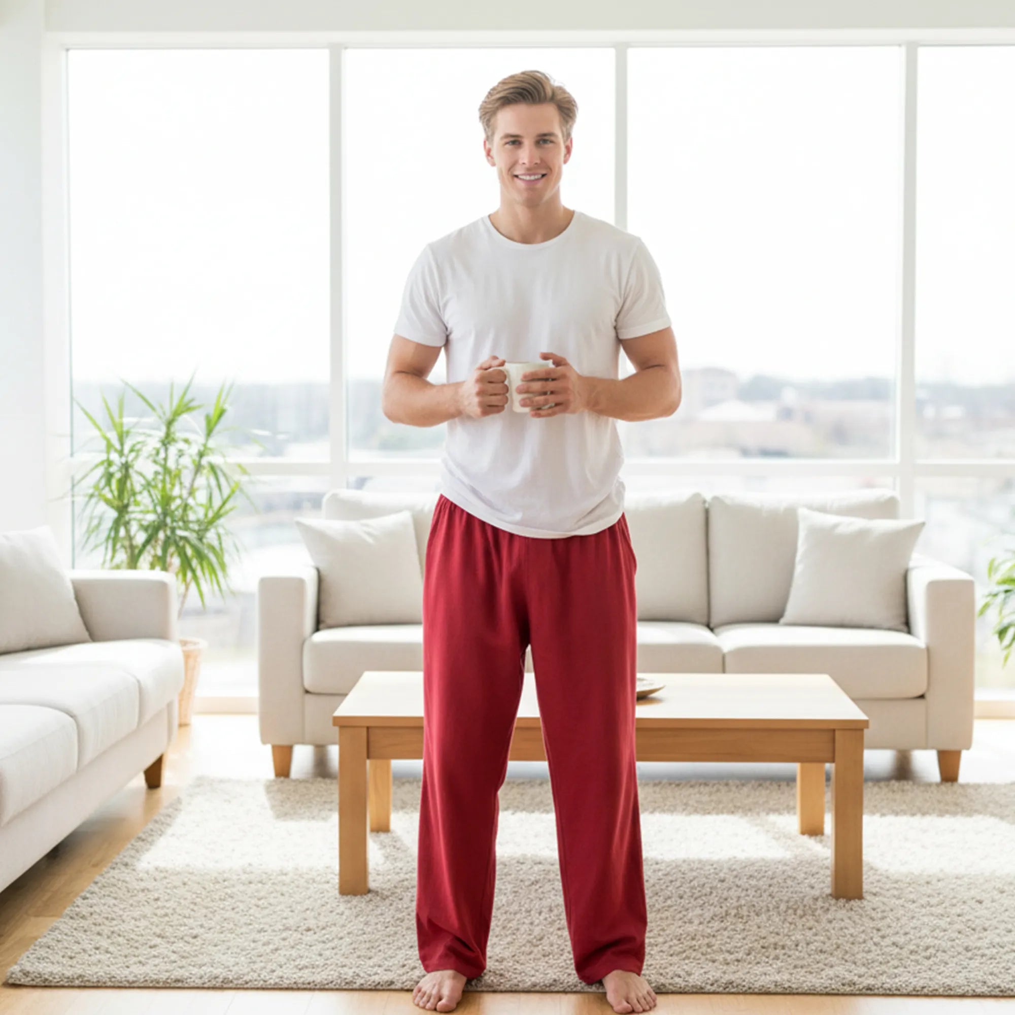 Man in a white t-shirt and red pants standing in a living room holding a cup.