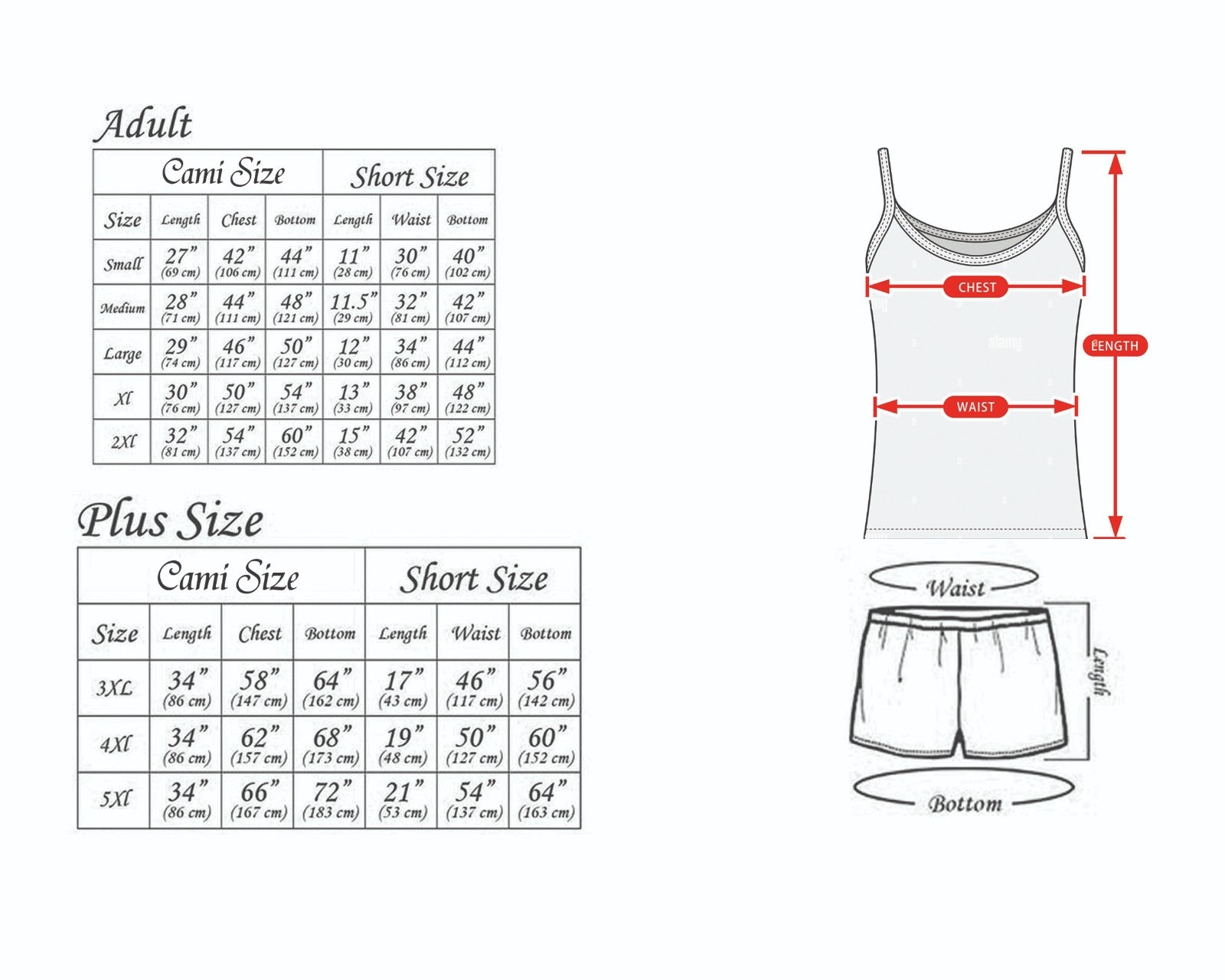 Size chart for adult and plus size camis and shorts with measurements.