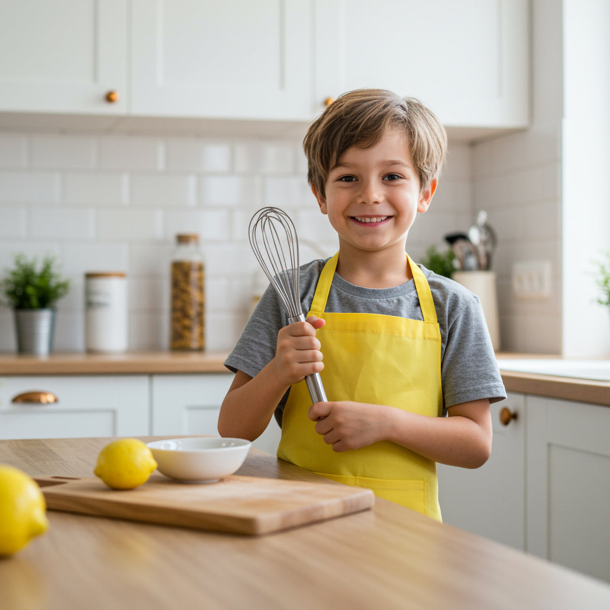 child baker holding whisk with yellow kids apron