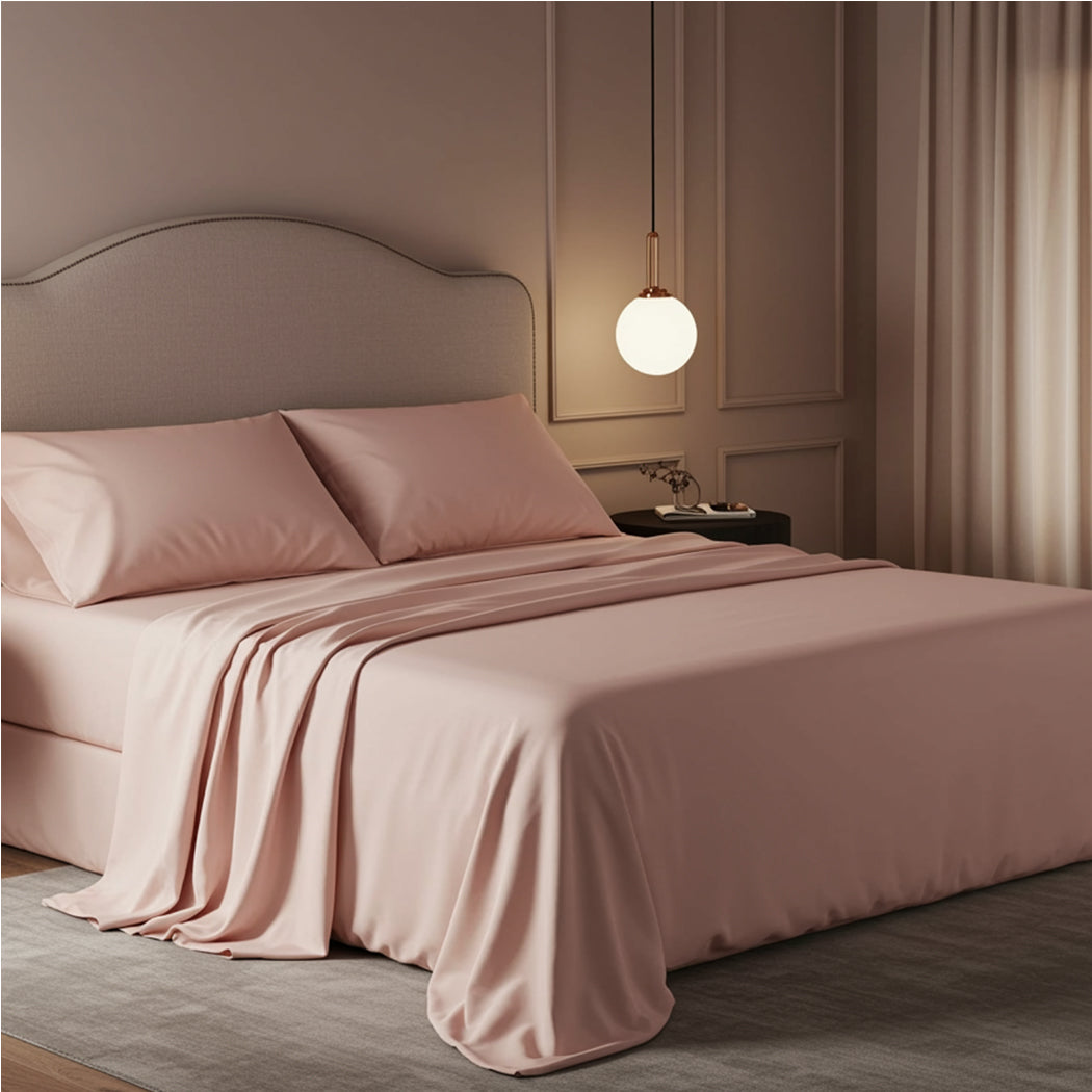 Luxury terracotta rust Pink satin bedsheet set with a high-shine finish and matching pillowcases