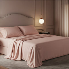 Luxury terracotta rust Pink satin bedsheet set with a high-shine finish and matching pillowcases