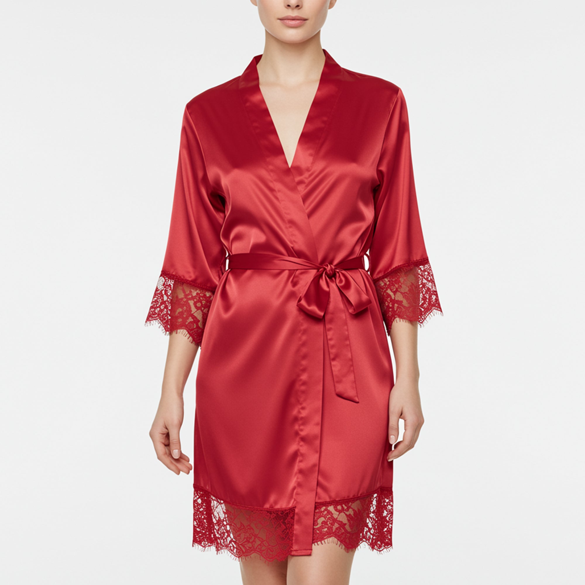 Women’s red satin robe with lace trim and waist tie, front view